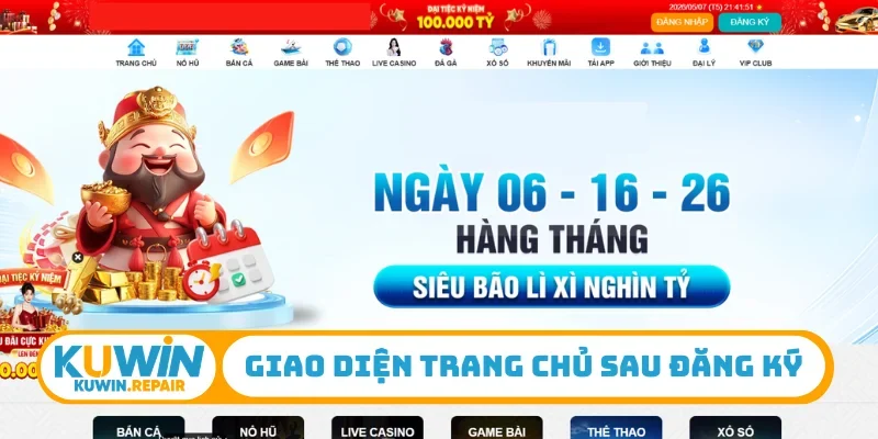 Giao diện trang chủ sau đăng ký